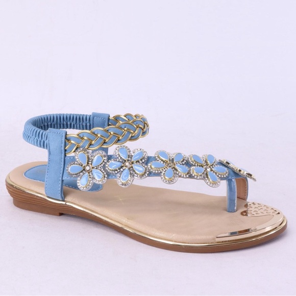 Restocked! Italina Peachy Tan Floral Rhinestone Gold Woven Flat Sandal - Picture 9 of 12